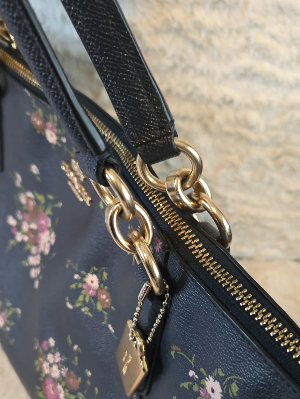 Coach Floral Print Black Leather Tote Bag With Large Gold Coach Tag